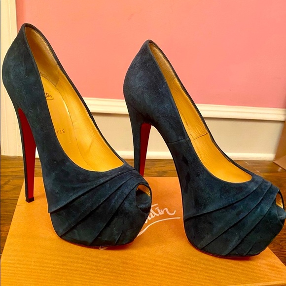 Christian Louboutin Drapesse 160 Suede Teal Peep Toe Heels